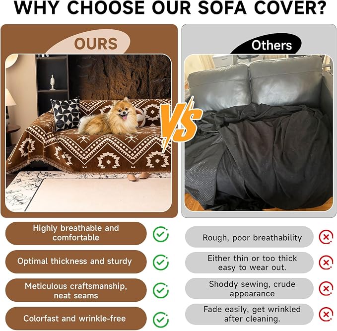 VClife Boho Couch Cover - Brown White Tribal Geometric Pattern Sofa Cover for 3 Cushion Couch Sofa Anti-Slip Washable Couch Cushion Cover, Diamond Zigzag Futon Sofa Protector for Living Room Decor
