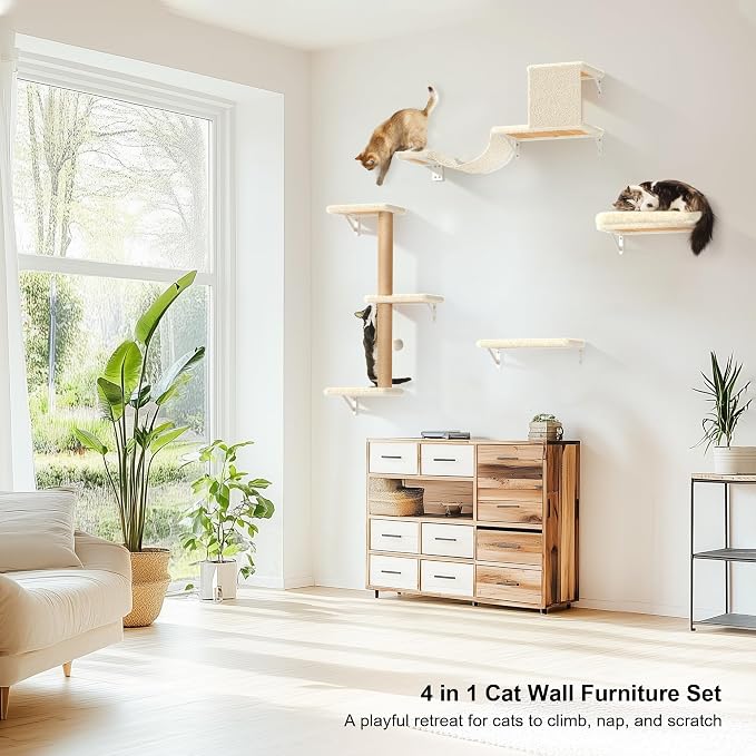 FUKUMARU Cat Wall Shelves, Stable & Safe 7 in 1 Cat Furniture Set, Wooden Climbing Wall with Scratching Post for 16 Inch Drywall - Beige