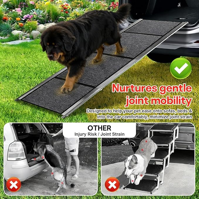 Dog Ramp for Large Pets 71" Non-Slip Car Ramp Stairs | Portable 300 lbs Capacity SUV Truck Ramp with Felt Surface, Protects Joints – Ideal for High Profile Vehicles, SUVs & Pickups