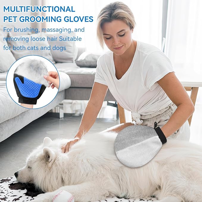 Pet Hair Removal Glove for Dogs & Cats, 2-in-1 Dual-Sided Electrostatic Pet Hair Remover with Silicone Grooming Brush, Reusable for Furniture, Clothes, Couch, Carpet & Car Seat