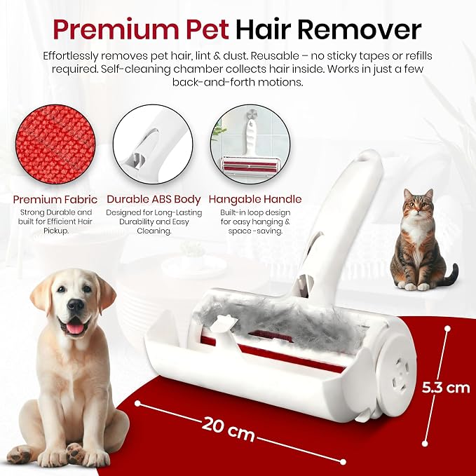 Pet Hair Remover for Dogs & Cats - Reusable Lint Roller & Hair Remover Tool for Couch, Carpet, Furniture, Bedding & Car Seats - Portable & Easy Clean Pet Fur Remover Roller for Home & Travel (Red)