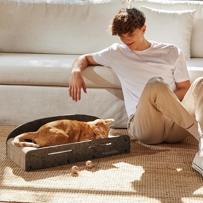 FUKUMARU 26 Inch Large Cat Scratcher Bed, 2 Reversible Cardboard Cat Scratch Pads Refill for Indoor Cats, Durable Cats Scratching Bed Sofa Couch Lounger with Fun Toys, Furniture Protector, Grey