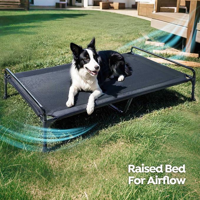 Veehoo Elevated Raised Dog Bed+Removable Padded Bolster-Cooling Outdoor Indoor Dog Cot Bed with Railing for Large Sized Dogs, Pet Cot Dog Hammock Bed Elevated Dog Couch Ded with Bolster-53 x 33"