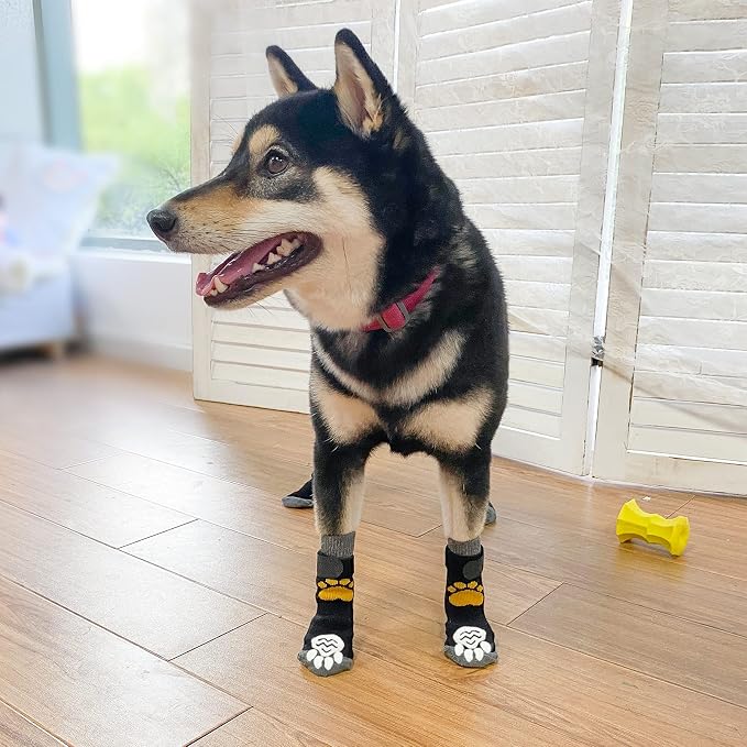 PUPTECK Anti-Slip Dog Socks with Double Sides Grips for Small Medium Large Dogs Hardwood Floors Prevents Licking, Dog Shoes for Hot Pavement Traction Control Paw Protector for Senior Dogs,Golden Paw S