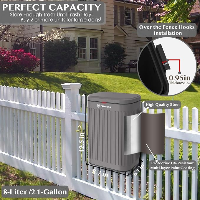 PAWZIDEA 2.1 Gallon Wall Mount Dog Poop Trash Can Outside Odor Control, Outdoor Small Metal Dog Proof Waste Station with Lid & Activated Carbon, Weatherproof Pet Poop Bin Hang Fence, Backyard, Garbage