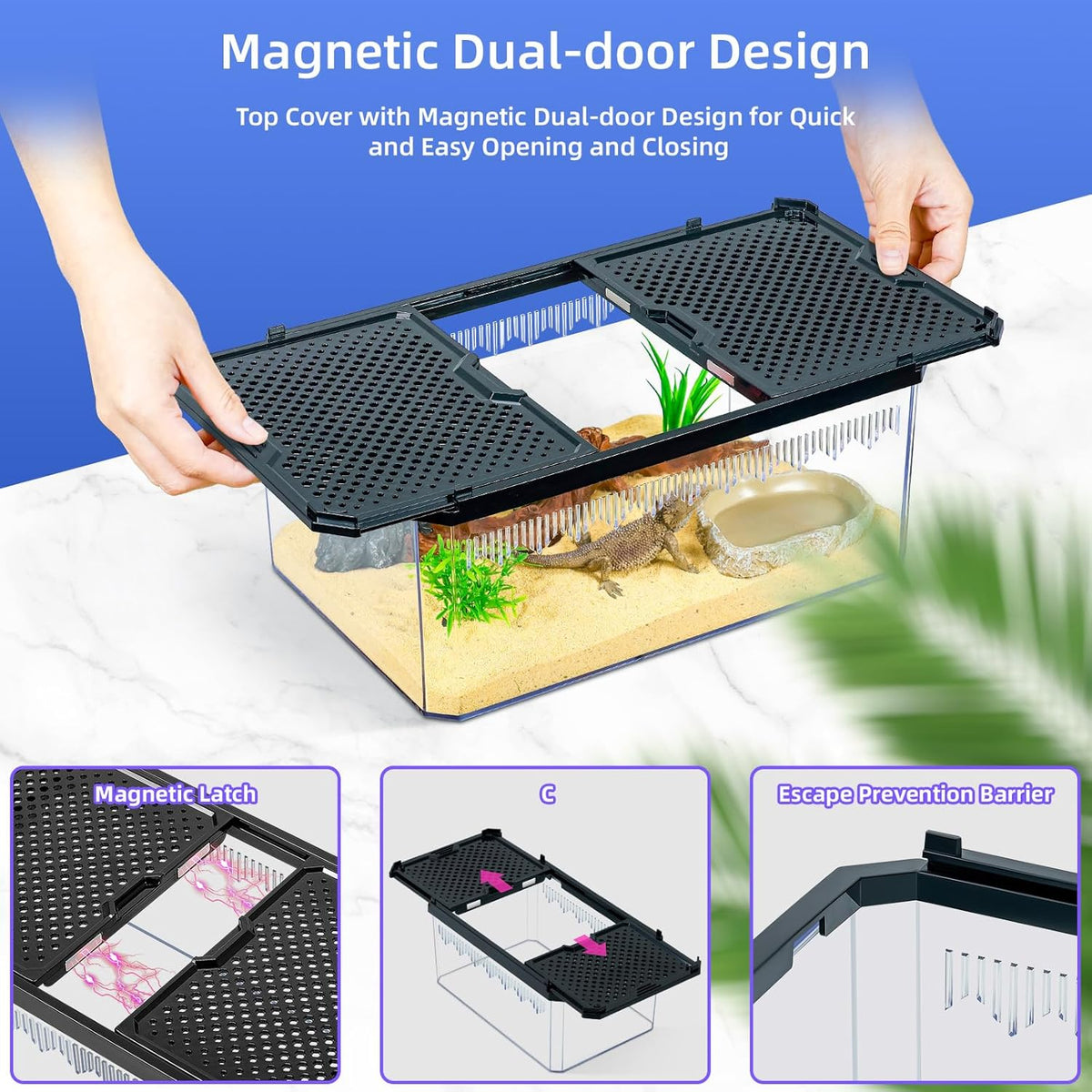 High-Transparency Reptile & Insect Enclosure Terrarium with Magnetic Door, Excellent Ventilation, Easy Cleaning, and Strong, Long-Lasting Build for Gecko, Tarantula, Hermit Crab (12x8.1x5.3 Inch)