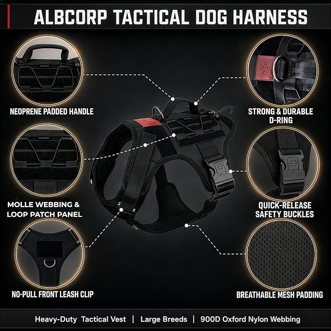 Tactical Dog Harness - Heavy Duty, No-Pull Training Vest for Large Breeds, Military Service Dog Vest with Front Leash Clip, Hook & Loop Panels, Padded Handle – Black, Large