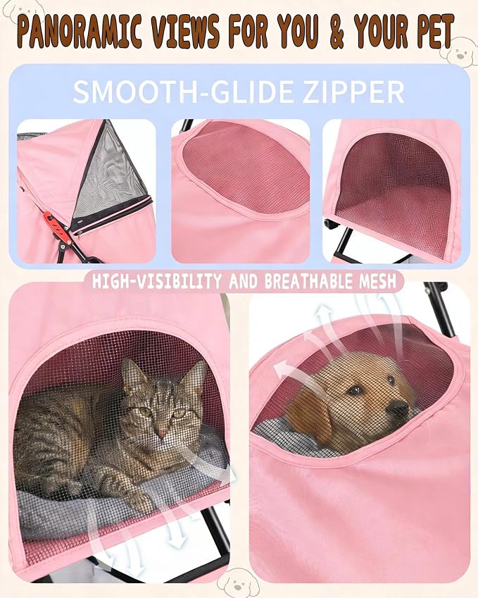 Pet Stroller for Small Medium Dogs Cats - Lightweight Foldable Dog Stroller | 33lbs, 4 Wheels All Terrain Cat Stroller, Breathable Mesh &Safety Tether, Storage Basket for Outdoor Walks, Pink Dog Stroller