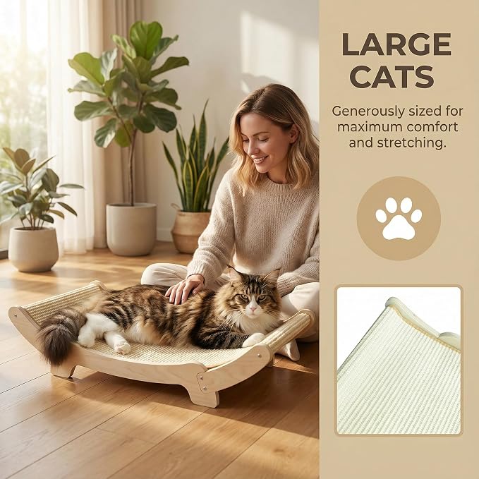Sisal Cat Scratcher Bed for Indoor Cats Hammock for Scratching Pad Cat Chair Nartural Sisal Scratch Post for Large Cats Scratcher Lounge, Wooden Cat
