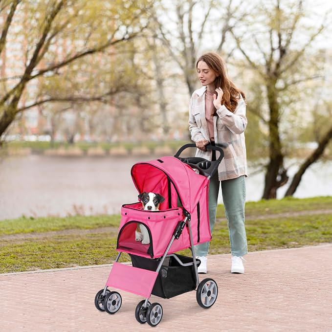 LEMY Foldable Pet Stroller,4 Wheels Cat/Dog Stroller with Weather Cover for Small/Medium Dogs and Cats,Pink Pet Strolling Cart with Storage Basket and Cup Holder