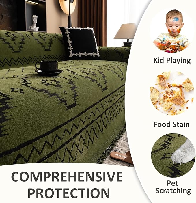VClife Bohemian Green Couch Cover for Dog, Non Slip Sectional Sofa Covers Furniture Protector Washable Tribal Pattern Couch Covers for 3 Cushion Couch Sofa, Soft Pet Sofa Slip Cover, Green, 71"X134"