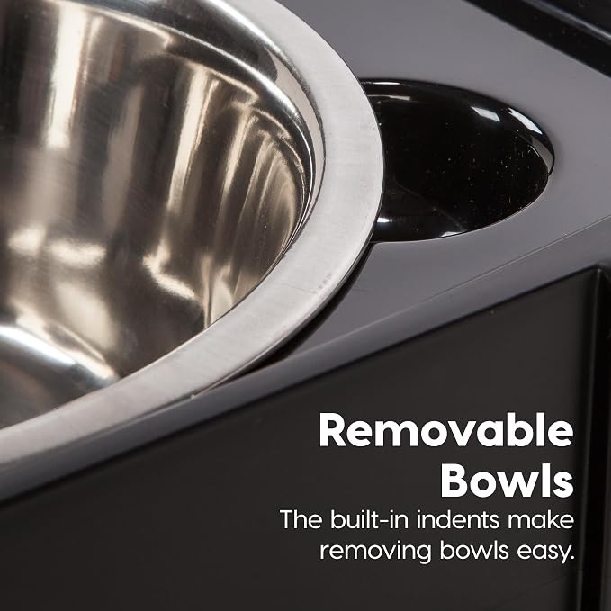 IRIS USA Elevated Dog Bowls 9" H, up to 13 lb Storage, Black, Made in USA | Comes with 2 Stainless Steel Bowls (32 oz), Elevated Feeder, Reduce Strain, Perfect for Camping & Outdoors