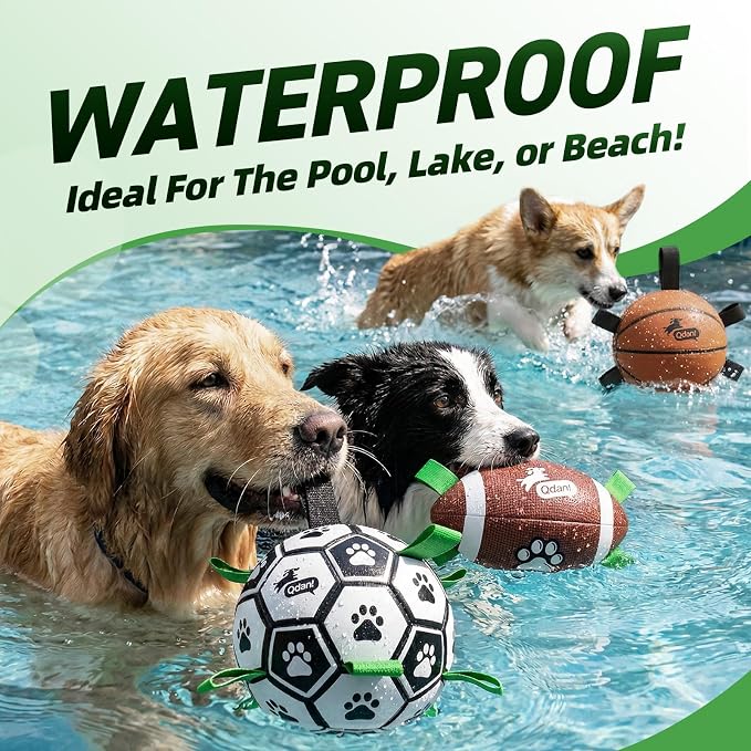 QDAN Dog Soccer Ball Football Basketball Set - 3 PCS Dog Balls with Strap for Tug of War, Soccer Ball Football Toys for Small Medium Large Dogs, Herding Ball for Dogs, Dog Birthday Toy