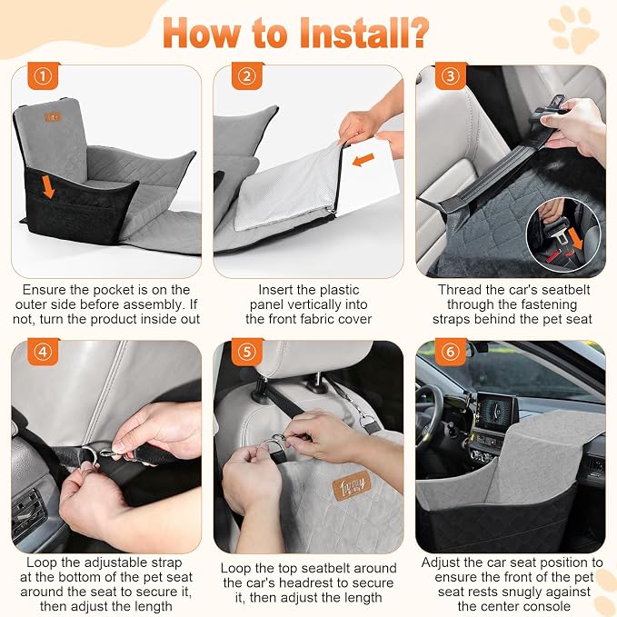 Elevated Dog Car Seat for Small and Medium Dogs Up to 35 lb | 4" High-Density Foam Dog Car Bed, 2 Storage Pockets,3 Safety belts,Fully Removable and Washable for Easy Care,Black+Gray