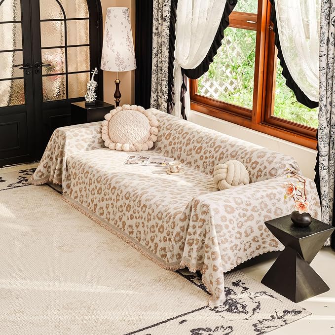 VClife Bohemian Sofa Cover for Dog, Aesthetic Leopard Couch Cover for 3 Cushion Couch Sofa, Skin-Friendly Breathable Furniture Protector, Cute Animal Theme Sofa Slipcover Futon Cover for Dog, Khaki