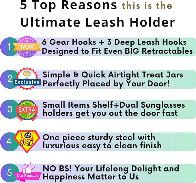 Dog Treat Holder For Wall Storage For Pets, Premium Pet Wall Organizer, Includes Three 16oz Airtight Dog Treat Jars, 3 Sets of Triple Hooks, Sturdy Shelf in Modern Black