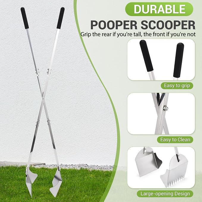 AugFir Lightweight Stainless Steel 48" Pooper Scooper for Large Dogs, Heavy Duty Dog Pooper Scooper Large Opening Long Handle for Pet Waste Removal, Grass, Dirt, Gravel,Yard, Indoor, Outdoor