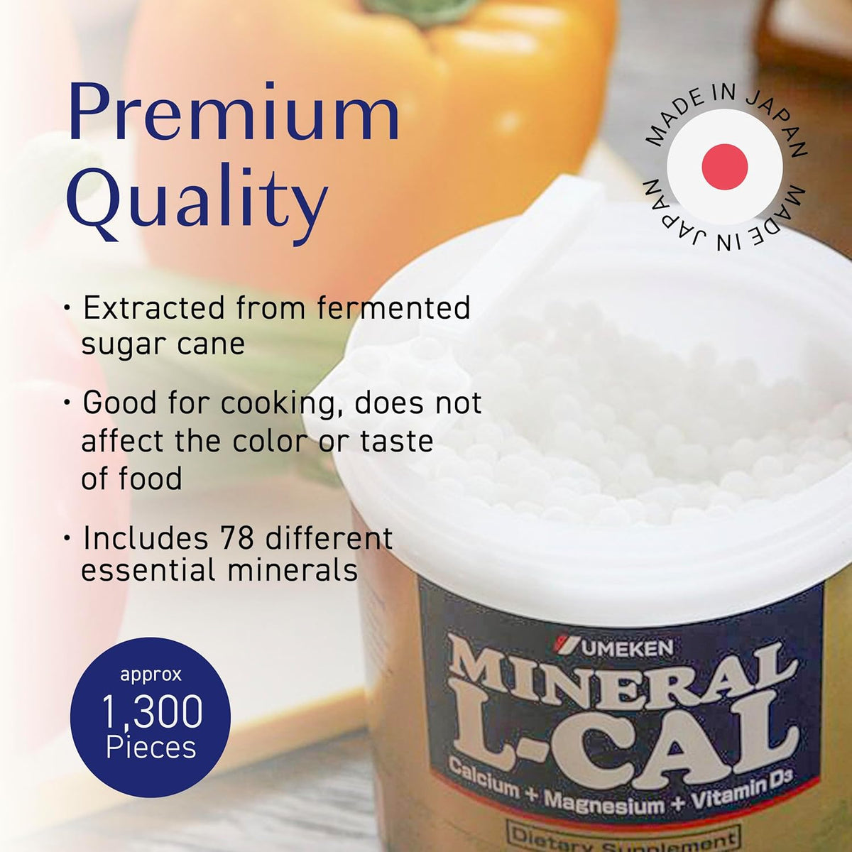 Umeken Mineral L-Cal Calcium with Vitamin D3, 2 Month Supply, Water Soluble Ball Format with Magnesium & Minerals, Fast Absorbing Calcium Magnesium D3 Supplement, 1,300 Balls, 130g, Pack of 1