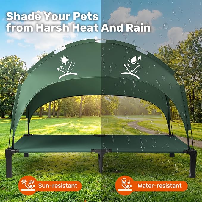 Elevated Dog Bed with Removable Canopy, Sun Protection Shade Tent Dog Cot | Portable Outdoor Dog Bed, Raised Pet Cooling Cot Bed for Dogs, 60in