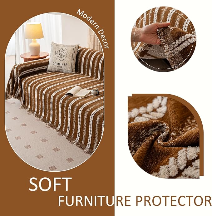 VClife Sofa Cover Bohemian Striped Pattern Couch Cover for Oversized Sofa - Caramel Brown Creamy White Textured Sofa Slipcover Washable Furniture Protector for Couch Decorative Couch Cushion Cover