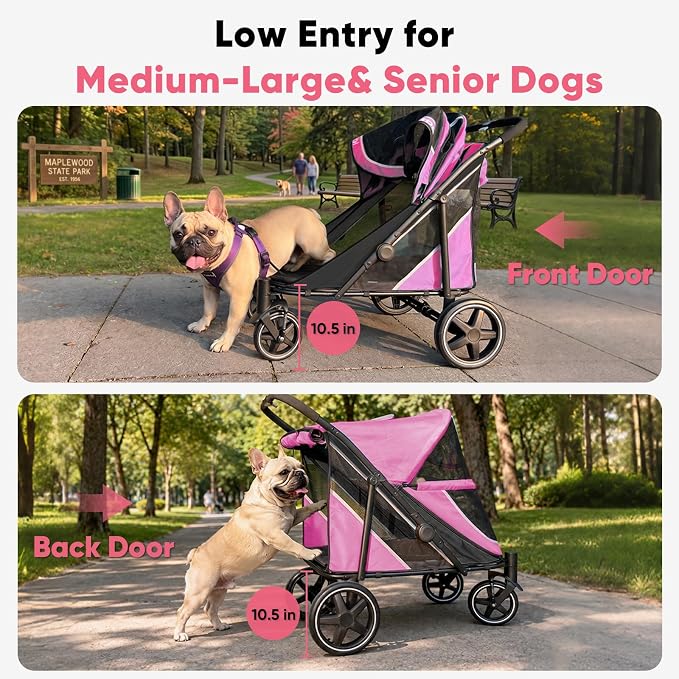 Petbobi Dog Stroller for Large & Medium Dogs - Easy Fold Dual Entry Pet Stroller with One-Foot Brake, All Terrain Wagon Cart with Air Mesh, Ideal for Large Senior Pets up to 80 lbs, Pink
