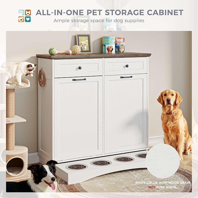 FIMELLO 39.7’’W Dual Doors Dog Food Storage Cabinet, Tilt-Out Dog Feeding Station with 4 Feeding Bowls, Pet Feeder Cabinet, White Grain
