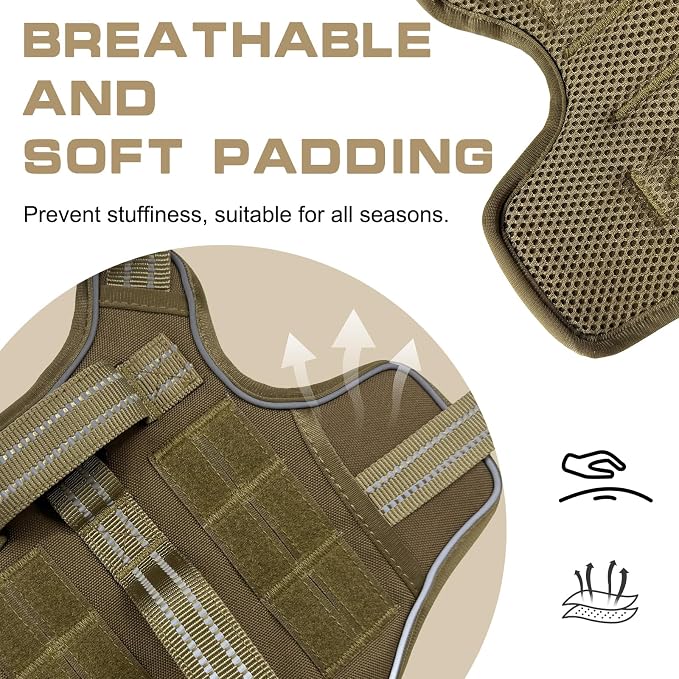 Dog Harness, Tactical No Pull for Small Sized Dog with Handle | Breathable Soft Padded, Adjustable, Reflective, Molle System, Heavy Duty, No Choke for Walking Training, Khaki Small