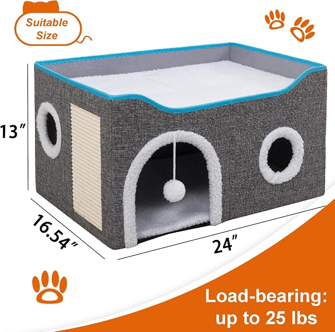 Loyareal Cat Houses for Indoor Cats - Large Cat Bed Cave with Scratch Pad and Fluffy Ball, Foldable Cat Condo Hideaway with Reversible Cushion for Multi Small Pet, Light Grey