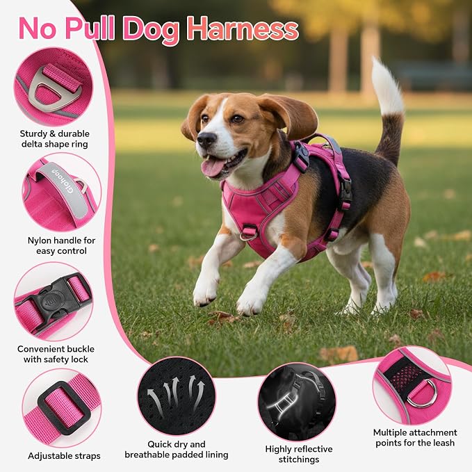 Heavy Duty Tactical Dog Harness for Small Dogs, No Pull Dog Harness with Handle & Front Clip, Reflective Soft Padded, Hook and Loop Panel, Dog Vest for Walking, Service Training, Hotpink