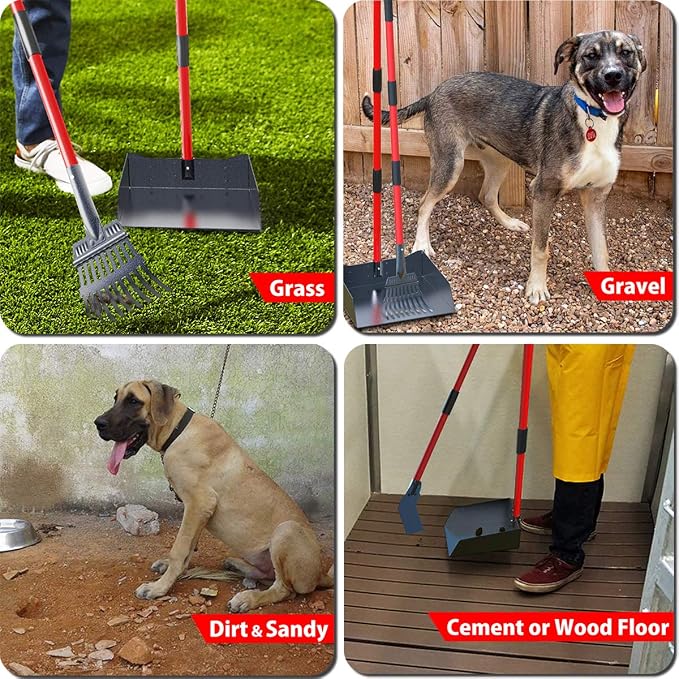 Heavy Duty Metal Pooper Scooper for Large Dogs,Long Handle Dog Pooper Scooper with Large 9.5'' Tray & Rake,Rustproof Aluminum Pet Waste Scooper for Grass,Gravel & Yard