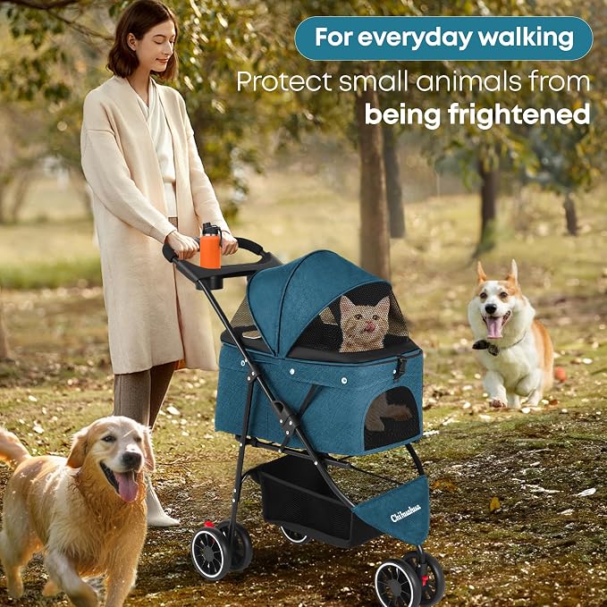 Pet Stroller,Dog Stroller for Small Medium Dogs Cats,3 Wheels,Foldable,with Breathable Mesh Canopy,Cup Holders,Easy Assembly,Green