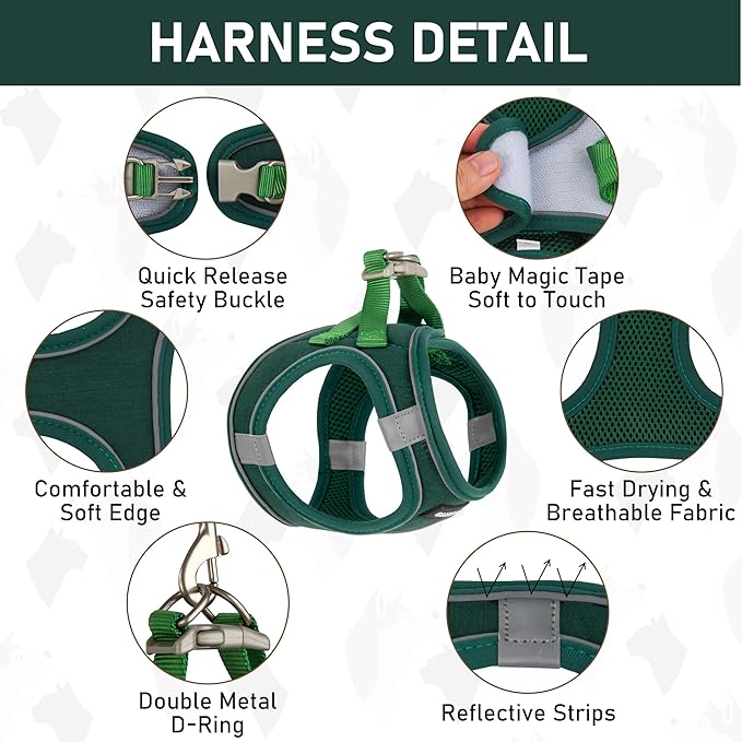 GAMUDA Small Pet Harness Collar and Leash Set, Step in No Chock No Pull Linen Fabric Soft Mesh Dog Vest Harnesses Reflective for Dogs Puppy Cats Kitten Rabbit (Green, XS)