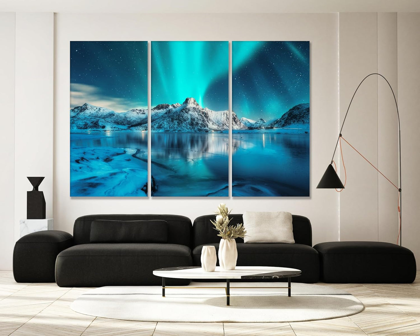 Nature Wall Art Prints - Ocean Forest Mountain Lake Canvas Landscapes - Small to Extra Large Living Room Bedroom Kitchen Bathroom Décor (Northern Lights Over Lake, 39L" x 59W" - 3 Panels)