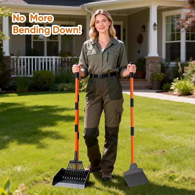 Pooper Scooper for Large Dogs, Poop Scoop with Long Handle Tray, Spade,Rake | Extra Larger Metal Bin, Heavy Duty Aluminum Poop Picker,No Bending,Rust Proof,Use on Grass, Dirt, Gravel, Perfect for Seniors
