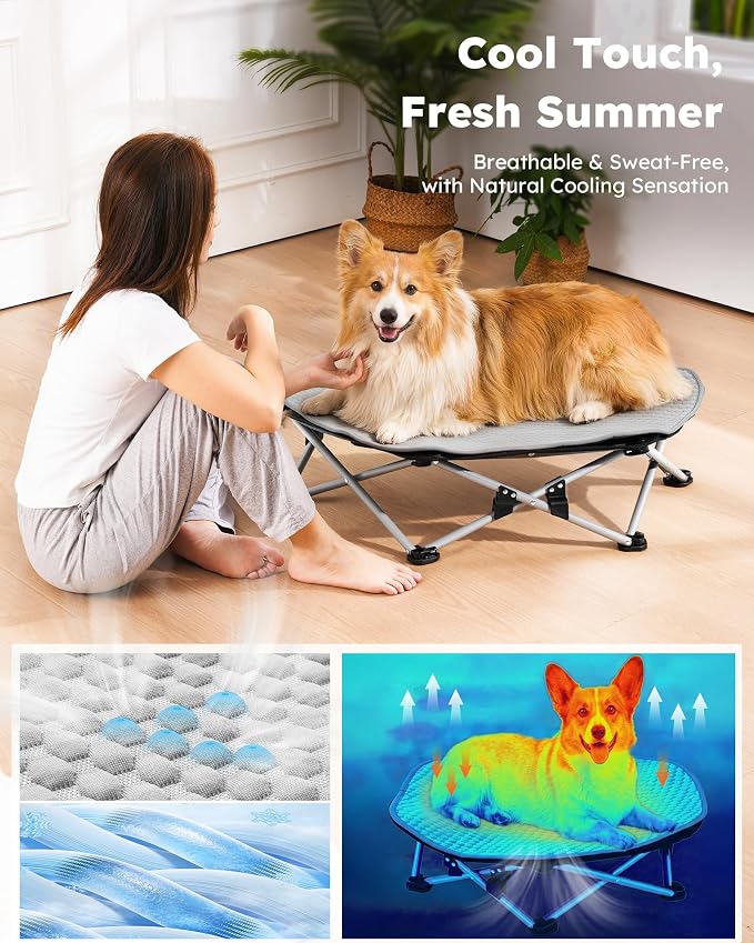 Pecute Raised Dog Bed with Cooling Mat, Elevated Pet Cot for Medium Dogs, L | Breathable Textilene Mesh, Outdoor Camping & Beach, Steel Frame,130 lbs Heavy Duty Support, Tool-free 3-second Quick Assembly