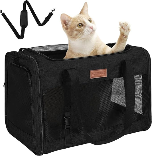 PETUX Large Pet Carrier for Large Cats up to 20 lb for Travel | Top & Side Entry, 4 Side Breathable, Foldable Soft Cat Travel Carrier with Safety Car Seat Buckle & Anti-Scratch Mesh, Black