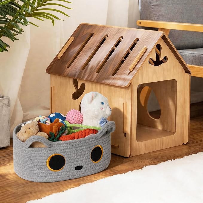 Gray Cat Toy Basket, Small Woven Cat Toy Storage Box with Cute Ears Handle Indoor, Cotton Rope Storage Bin with Embroidered Face for Home Decor, Pet Bed, Nursery Kids Room Organization