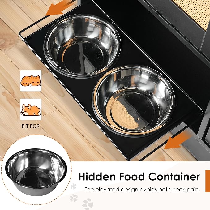 Feeding Station with 2 lockers, pet Feeding Station with 2 Elevated Dog Bowls, Side Hooks, Anti-Tipping kit, Hidden pet Feeding Station for Feeding and Watering, Rattan Door, Black