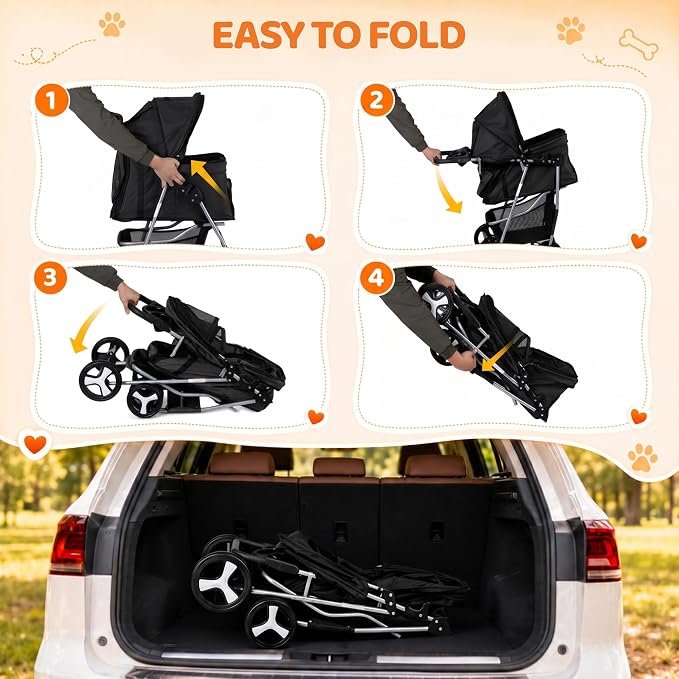 ZENY Foldable Pet Stroller, Cat/Dog Stroller with 4 Wheel, Pet Travel Carrier Strolling Cart with Storage Basket, Cup Holder (Black)