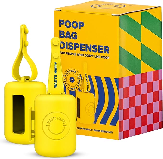 Dog Poop Bag Dispenser with 15 14" Bags Capacity | Yellow Silicone Dog Poop Bag Holder for Leash | Durable, Portable & Refillable Waste Bag Case | Only Fits Waste Happy bags