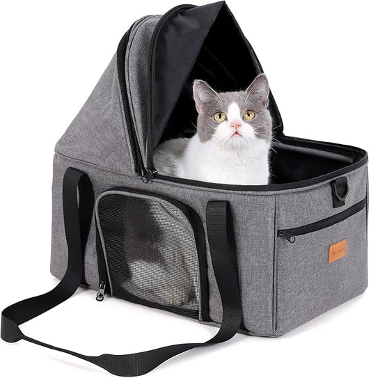 BurgeonNest Top-Expandable Large Cat Carrier, Soft-Sided Cat Bag for Medium & Large Cats Up to 25 lbs, Upgraded Small Dog Car Seat, Pet Travel Bag with Semi-Open Canopy