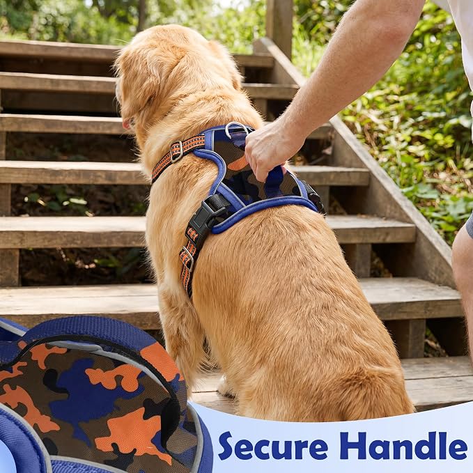 Dog Harness No Pull, Adjustable Pet Vest Harness, Super Soft Material with Vertical Handle Easy Control, Reflective Night Walking, 2 Leash Clips for Small Sized Dogs, Camo Orange, S