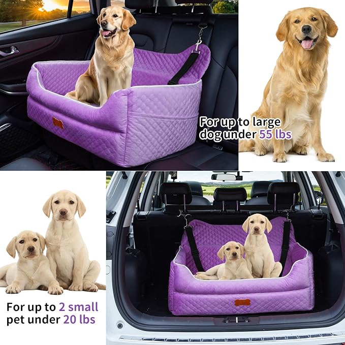 Dog Car Seat for Large/Medium Dogs - Memory Foam Dog Booster Seat for Under 55Lbs or 2 Small Dogs-Detachable and Washable Travel Bed with Thick Cushion and Storage Pockets-Purple