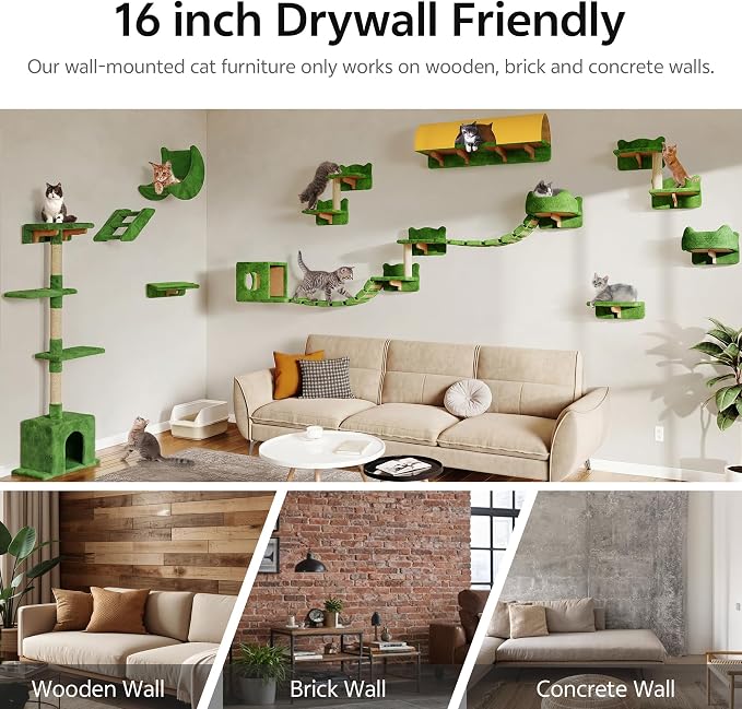 26-in-1 Cat Wall Shelves with Cat Tree, 40''L Tunnel, Moon, Green | Wall Mounted Cats Furniture Set with Plush Fabric, Cat Climbing Systems for 16 Inch Drywall, with Scratching Posts, Bridge