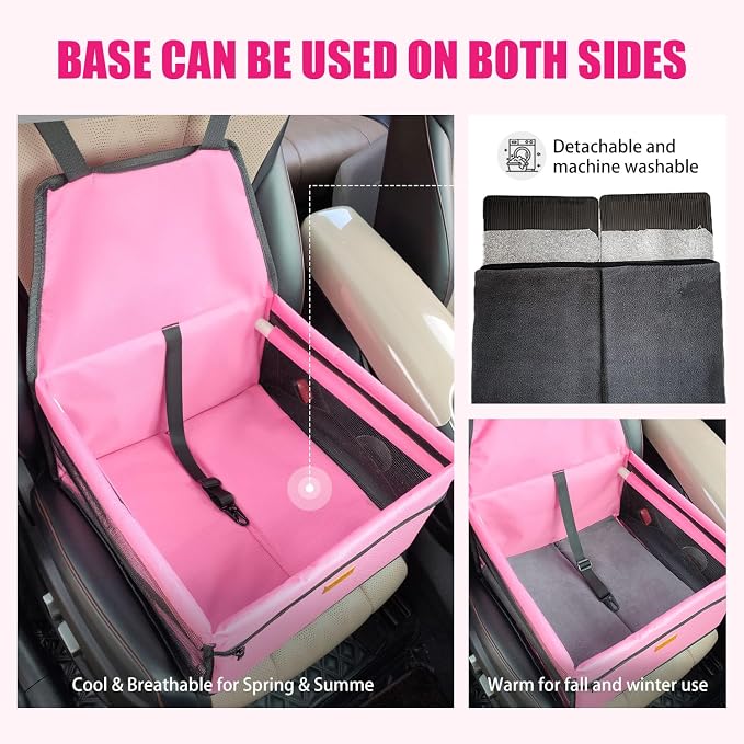 Pet Dog Booster Seat, Upgrading the Framed wall to Prevent Collapse，Breathable and Foldable Pet Car Basket，Removable andWashable pet car seat (Pink)