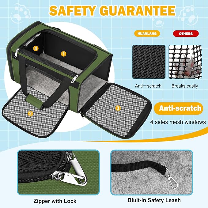 HUANLANG Cat Carrier Airline Approved,Soft-Sided Dog Carriers for Small Dogs Medium Cats,Pet Travel Carrier Up to 20 Lbs,Collapsible Cat Bag