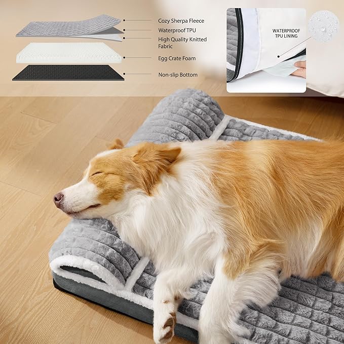 Orthopedic Large Dog Bed Pillow Pet Sofa Bed 48''X30'' Grey | Egg-Crate Foam Pet Couch Large Sized Dog, Waterproof Removable Washable Cover,Furry Puppy Crate Mat With Nonskid Bottom