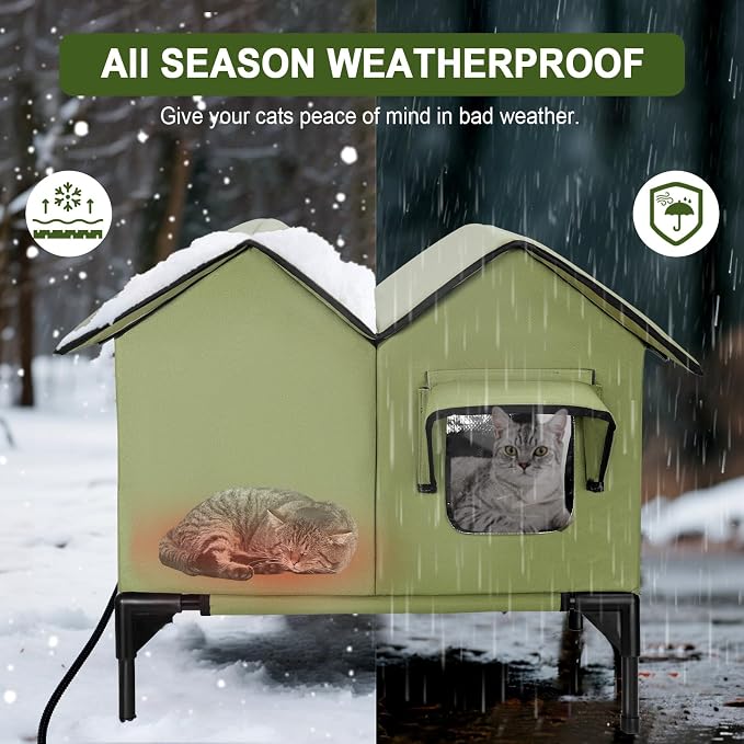 Heated Cat House, Large Heated Outdoor Cat House Weatherproof for Winter, Elevated Waterproof Insulated Cat Houses for Outdoor Cats, Comfortable and Warm Feral Cat Shelter (Green)