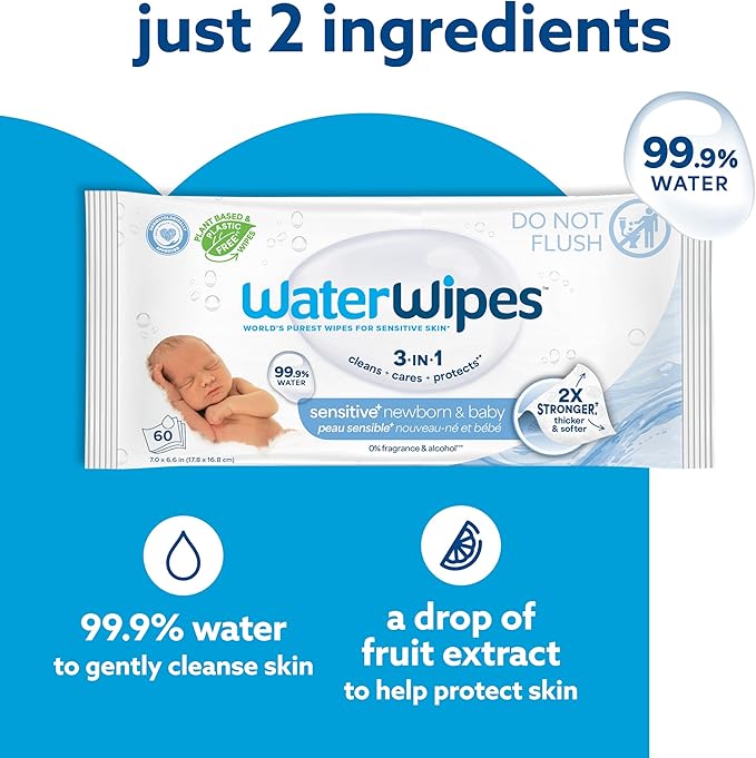 WaterWipes Sensitive+ Newborn & Baby Wipes, 3-In-1 Cleans, Cares, Protects, 99.9% Water, Unscented & Hypoallergenic, 1080 Count (18 Packs)