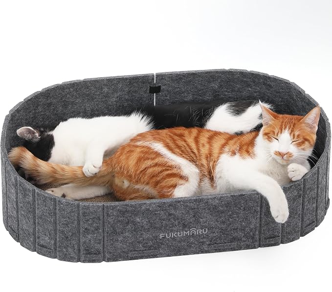 FUKUMARU Cat Scratcher, 24 Inch Sofa Shape Cat Scratching Bed Couch Indoor | Oval Felt Cat Scratcher Bed with Reversible Detachable Cat Scratching Boards, Round Cats Scratch Pads Refill, Dark Grey